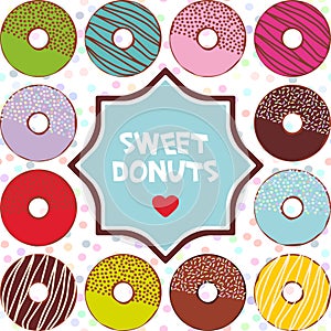 Frame for text. Sweet donuts set with icing and sprinkls isolated, banner design