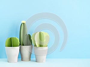 Frame of Three different cactus in a gray pots.