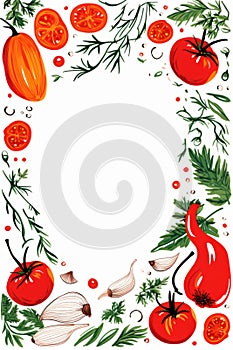 a frame with tomatoes herbs and garlic on a white background