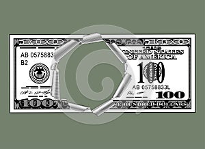 A frame of torn hole of 100 dollars banknote