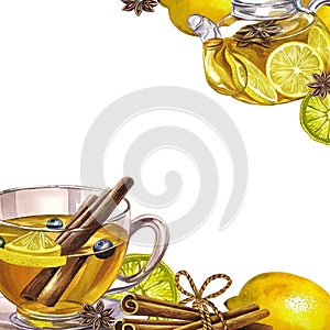 A frame with a transparent glass tea cup with lemon and cinnamon. A hand-drawn watercolor illustration. A hot, fragrant