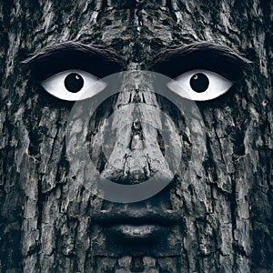 Frame Tree bark texture resembling face with eyes and nose, abstract photo