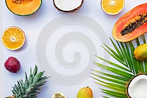 Frame with tropic fruits and palm leaf on the white background