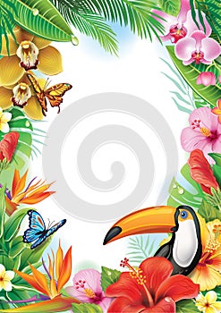 Frame with tropical flowers and toucan