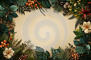 Frame of tropical plants and berries on beige background. Flat lay, top view. copy space