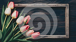 Frame of tulips on dark rustic wooden background for spring