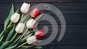 Frame of tulips on dark rustic wooden background for spring