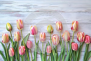 Frame of tulips on rustic wooden background with copy space for greetings card