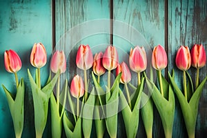 Frame of tulips on turquoise rustic wooden background. Spring flowers. Neural network AI generated