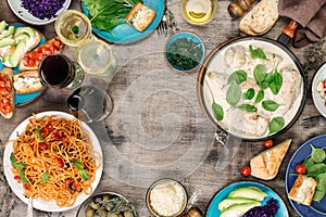 Frame from variety of Italian dishes and snacks with wine