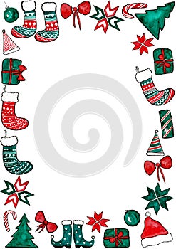 Frame of various Christmas elements, accessories on a white background. Red and green colors.