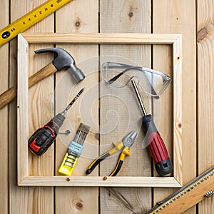 Frame with various tools on wooden background. Construction concept with copyspace