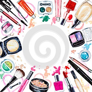 Frame of various watercolor decorative cosmetic. Makeup products