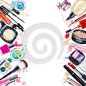 Frame of various watercolor decorative cosmetic. Makeup products