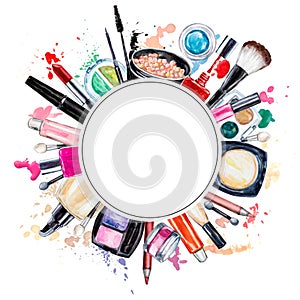 Frame of various watercolor decorative cosmetic. Makeup products