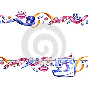 Frame of various watercolor sewing tools. Sewing kit, accessories and equipment for sewing. Tools for needlework