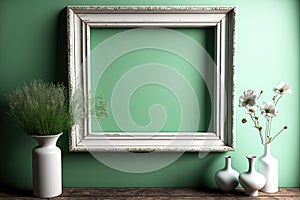 Frame with a vase of flowers on a green wall, ai generated