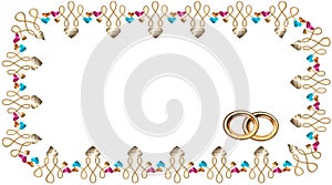 Frame in the vector of hearts in the form of precious stones and gold, rubies and sapphires, and gold wedding rings,