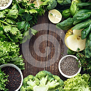 Frame Vegetables Fruit Superfood Herbs Top View Healthy Food Background