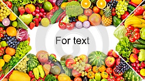 Frame of vegetables and fruits on white background. Copy space.