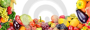 Frame of vegetables and fruits on white background. Free space for text. Panoramic collage