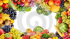 Frame of vegetables and fruits on white background. Free space for text. Panoramic collage