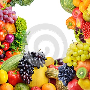 Frame of vegetables and fruits on white background. Top view. Free space for text. Panoramic collage