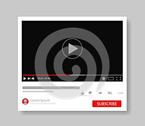 Frame video player interface. Design mockup video channel pc. Tube window template with subscribe for web, media app.Player screen