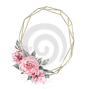 Frame vintage gold geometry oval decorated bouquet composition pink peony and alstroemeria flowers.