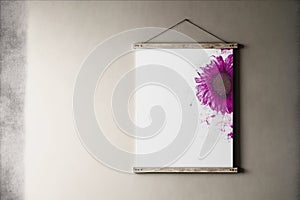 Frame with vivid magenta flower hanging on wall, ai generated