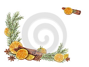 Frame of watercolor Christmas dry orange slices, cinnamons sticks, star anise and spruce branches. Citrus, evergreen, spice,