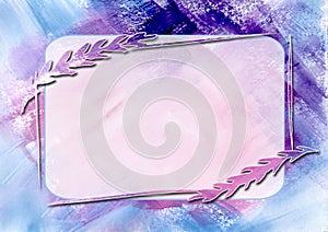 Frame on Watercolor paint abstract background. Pink, blue and violet spot texture. Backdrop of spots for packaging and