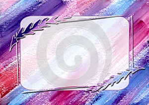 Frame on Watercolor paint abstract background. Pink, blue and violet spot texture. Backdrop of spots for packaging and