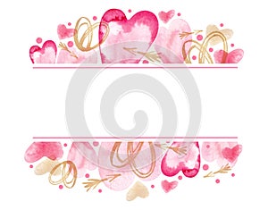 Frame with watercolor pink and gold hearts for Valentine's Day with space for text