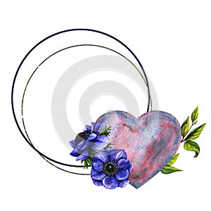 Frame watercolor pink lilac hear with blue anemone for Happy Valentines Day card or t-shirt design. Romance