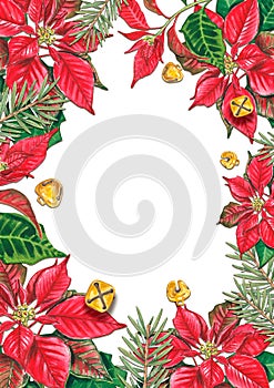 Frame with watercolor poinsettia and bells. Watercolor illustration. New Year\'s motif for the design of postcards