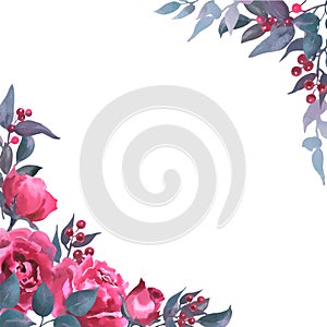 Frame with watercolor vector viva mangenta roses, buds, leaves, eucalyptus,and red berries. Hand drawn pink vial clipart