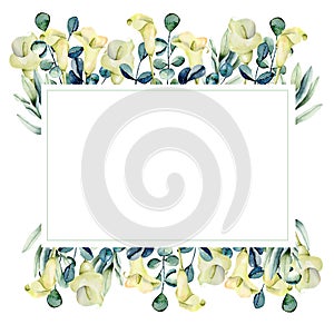 Frame with watercolor white callas flowers and eucalyptus branches