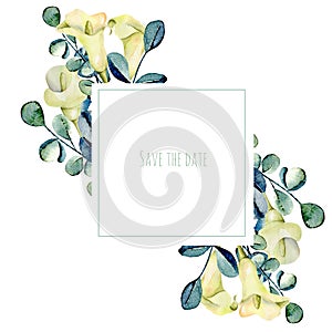 Frame with watercolor white callas flowers and eucalyptus branches