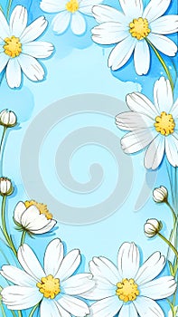 Frame of white cosmos flowers of different sizes on light blue background.