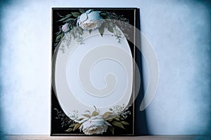 A frame with white flowers on a light blue wall, ai generated