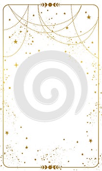 Frame with white magic background, gold stars and space decor with copy space. Card for astrology, banner for the witch