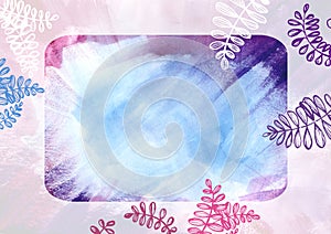 Frame with white and red leaves on Watercolor paint abstract background. Pink, blue and violet spot texture. Backdrop of