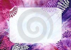 Frame with white and red leaves on Watercolor paint abstract background. Pink, blue and violet spot texture. Backdrop of