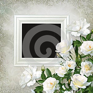 Frame and white roses on a beautiful vintage background