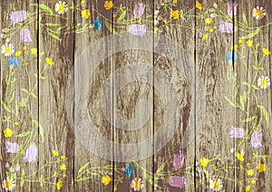 Frame of wild flowers on a wooden background.vector illustration