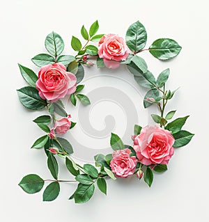 Frame of wreath made of red roses flowers with green leaves. Flat lay, top view