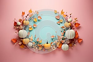 Frame of wreath of orange white pumpkins and floral leaves on pink background