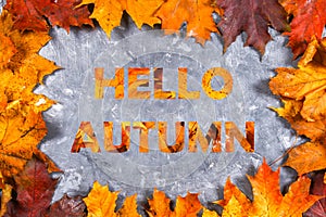 A frame of yellow and orange autumn maple leaves on gray dark concrete. The inscription is hello autumn.