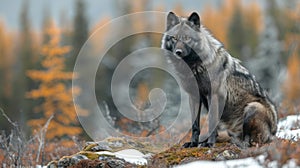 Framed against the majestic Canadian Rockies in Banff National Park, catch a glimpse of an elusive black wolf, a captivating